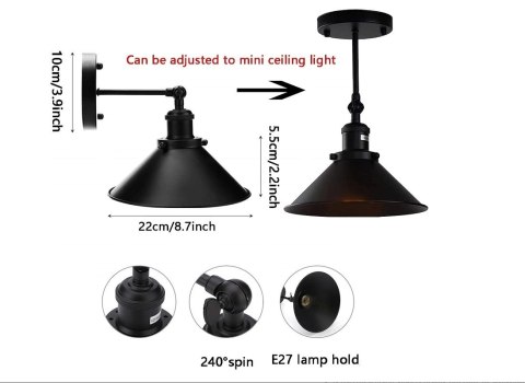 Kinkiet ścienny lampa na E27 czarna Retro metalowa