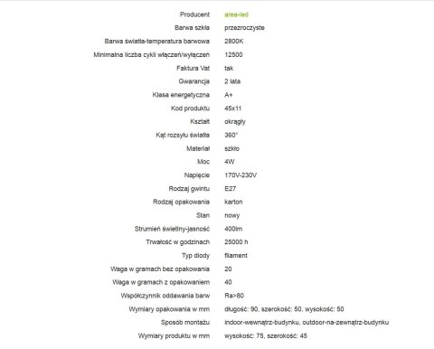 Żarówka vintage retro Edison Filament LED 4W G45 E27 2800K barwa ciepła