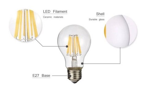 Żarówka vintage retro Edison Filament LED 8W A60 E27 6000K barwa zimna