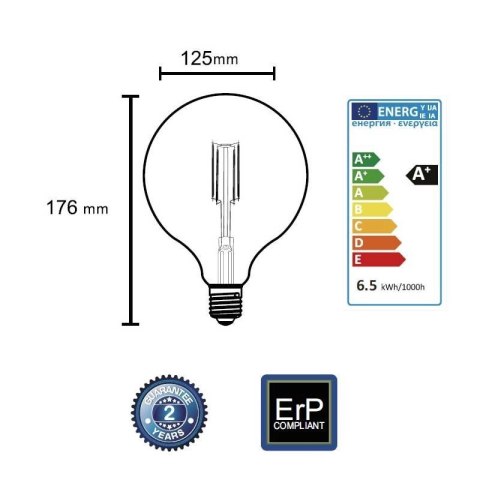 Żarówka vintage retro Edison Filament LED 8W G125 E27 2300K amber barwa ciepła